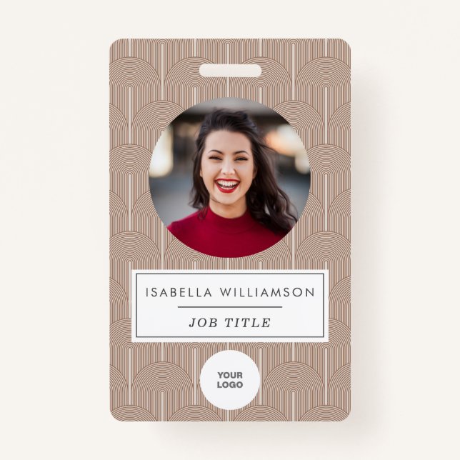 Terracotta Brown Lines Unique Employee Photo ID Badge (Front)