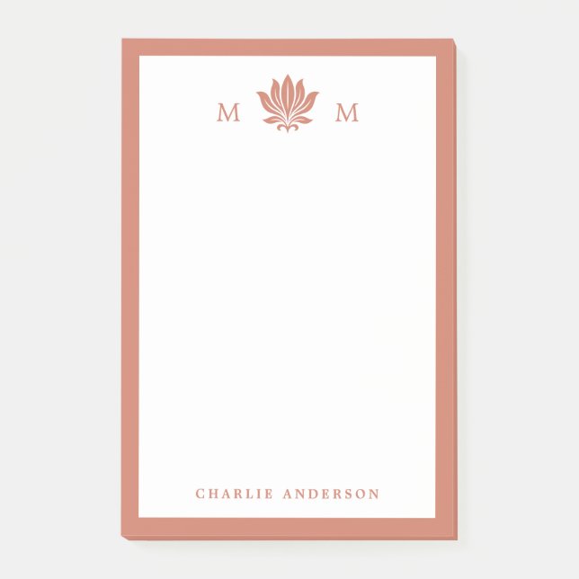 Terracotta Brown Lotus Monogram Post-it Notes (Front)