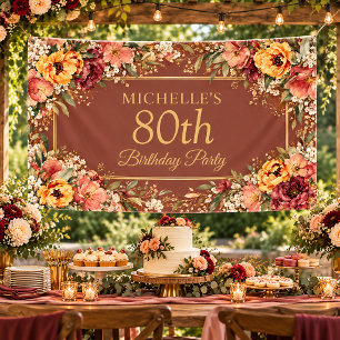 Terracotta Burgundy Floral 80th Birthday Banner