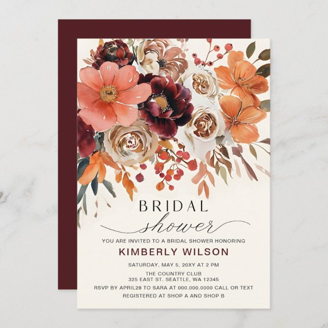 Terracotta Burgundy Floral Fall Bridal Shower Invitation (Front/Back)