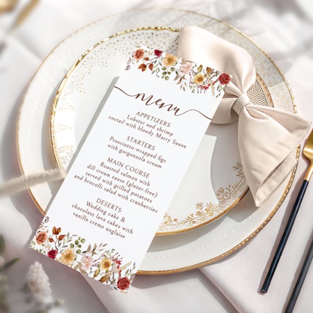 Terracotta Burgundy Floral Wedding Menu Cards (Creator Uploaded)