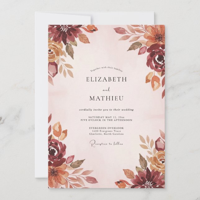 Terracotta Burgundy Leafy Wedding Invitation (Front)