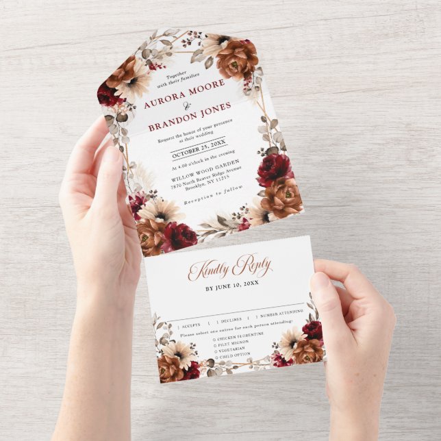 Terracotta Burgundy Mauve Floral Geometric Wedding All In One Invitation (Tearaway)
