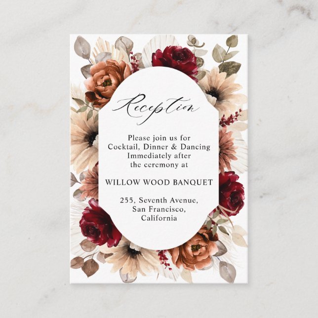 Terracotta Burgundy Mauve Floral Wedding Reception Enclosure Card (Front)