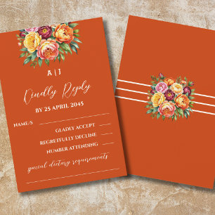 Terracotta Burgundy Peony Roses Floral Wedding RSVP Card