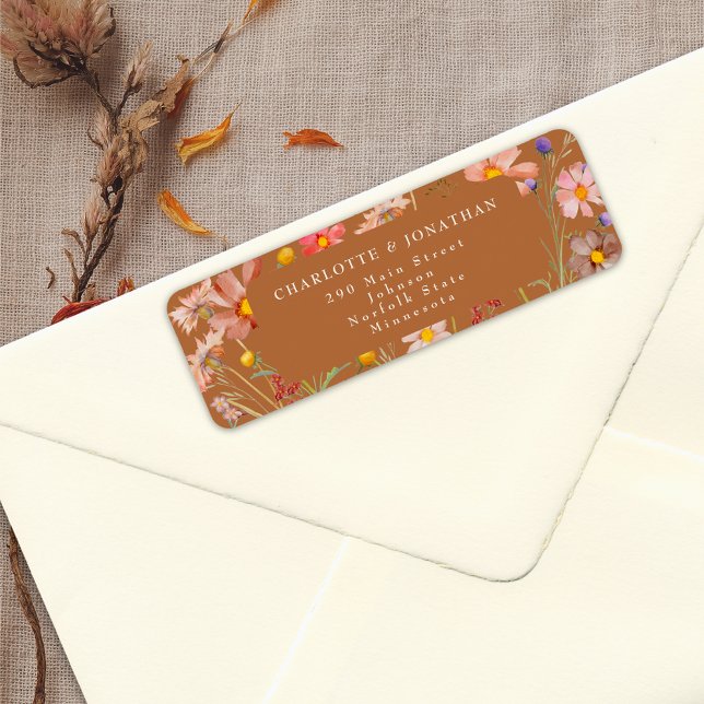 Terracotta Burnt Orange Boho Fall Floral Wedding (Terracotta burnt orange elegant boho floral fall wedding return address label watercolor wildflowers)