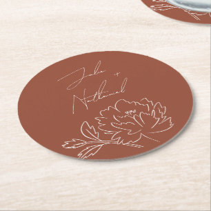 Terracotta Burnt Orange Boho Floral Wedding Round Paper Coaster