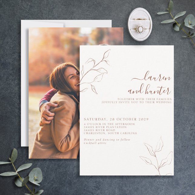 Terracotta Burnt Orange Botanical Photo Wedding Invitation (Creator Uploaded)