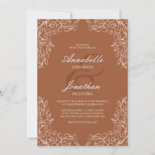 Terracotta burnt orange elegant lace wedding invitation
