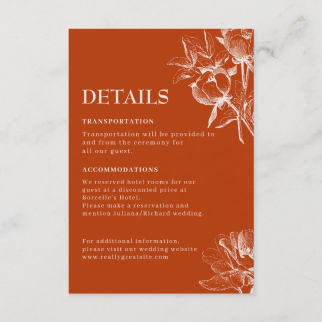 Terracotta burnt orange fall Wedding Details Enclosure Card (Front)