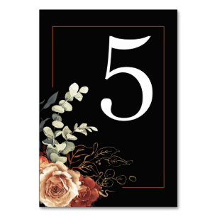 Terracotta Burnt Orange Floral Black Wedding Table Number