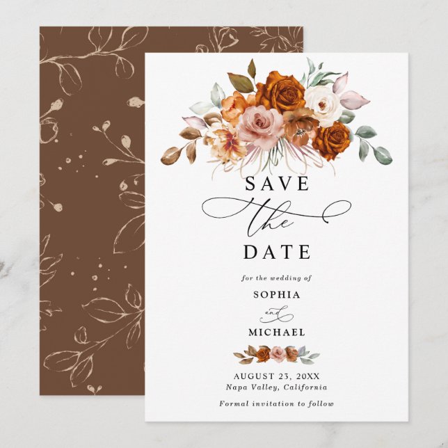 Terracotta Burnt Orange Floral Save The Date  Invitation (Front/Back)
