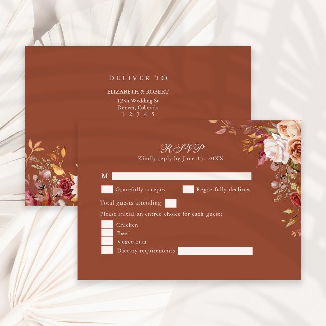 Terracotta Burnt Orange Floral Wedding RSVP Card (Terracotta Burnt Orange Floral Wedding RSVP Card on a sunny neutral dry palm leaf.)