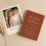 Terracotta Burnt Orange Minimalist Wedding Photo Invitation<br><div class="desc">Terracotta Burnt Orange Minimalist Wedding Photo Invitation. Easily personalize by replacing each info. Please upload a vertical/portrait photo. Make sure to check the preview before adding to cart. (Sample Photo by Jonathan Borba from Pexels)</div>