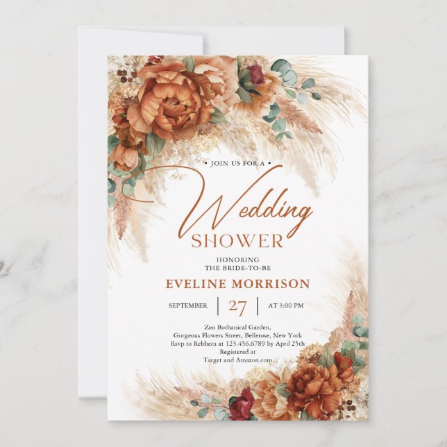 Terracotta burnt orange pampas palm wedding shower invitation (Front)