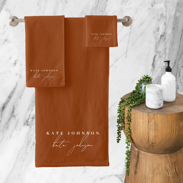 Terracotta Burnt Orange Signature Script Monogram Bath Towel Set (Terracotta Burnt Orange Signature Script Monogram Bath Towel Set)