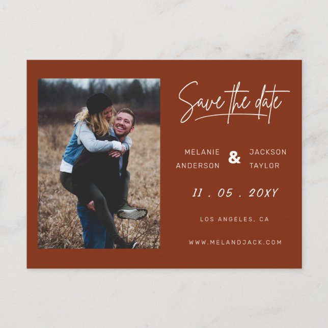 Terracotta Burnt Orange Simple Photo Save The Date Announcement Postcard (Front)