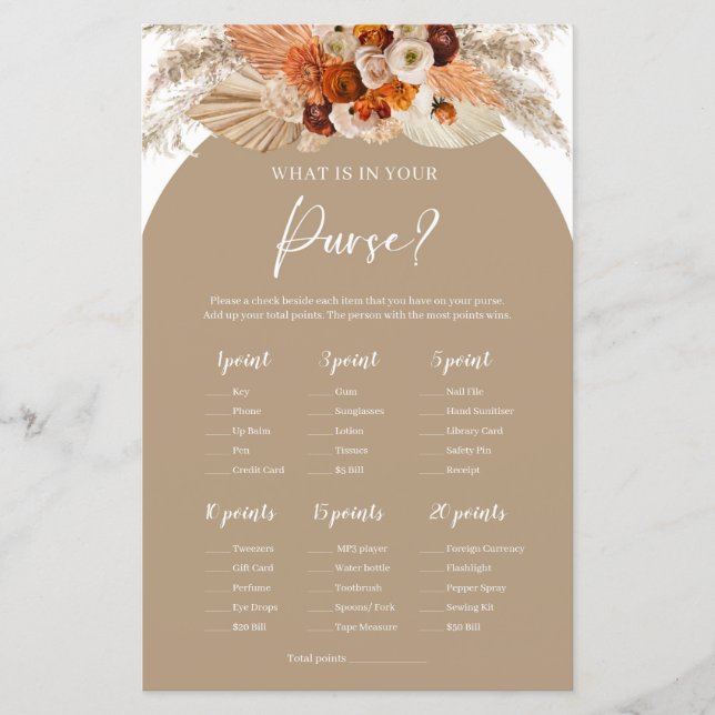 Terracotta burnt orange what is in your purse game (Front)