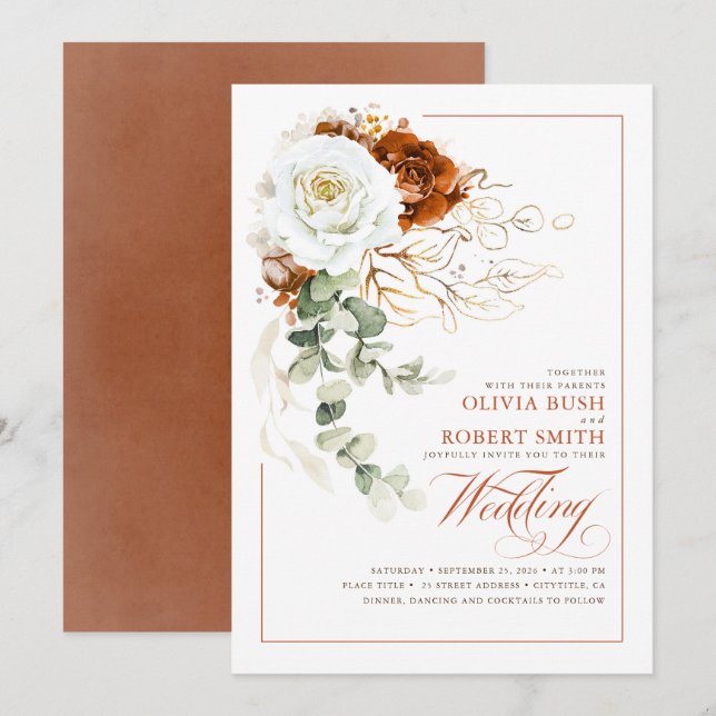 Terracotta Burnt Orange & White Floral Wedding Invitation (Front/Back)