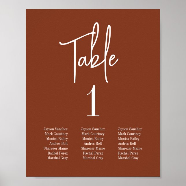 Terracotta Burnt Umber Script Table Seating Chart (Front)