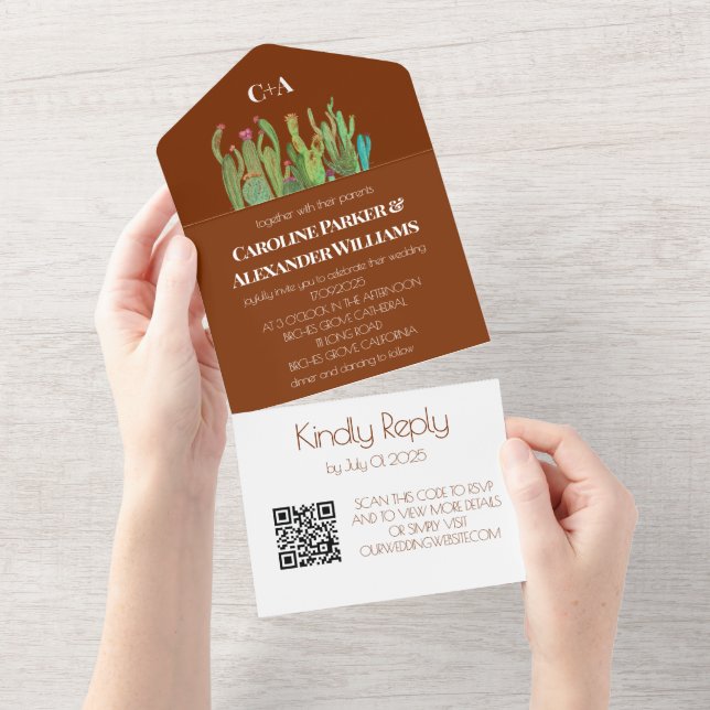 Terracotta Cactus Desert Arizona RSVP QR Code  All In One Invitation (Tearaway)