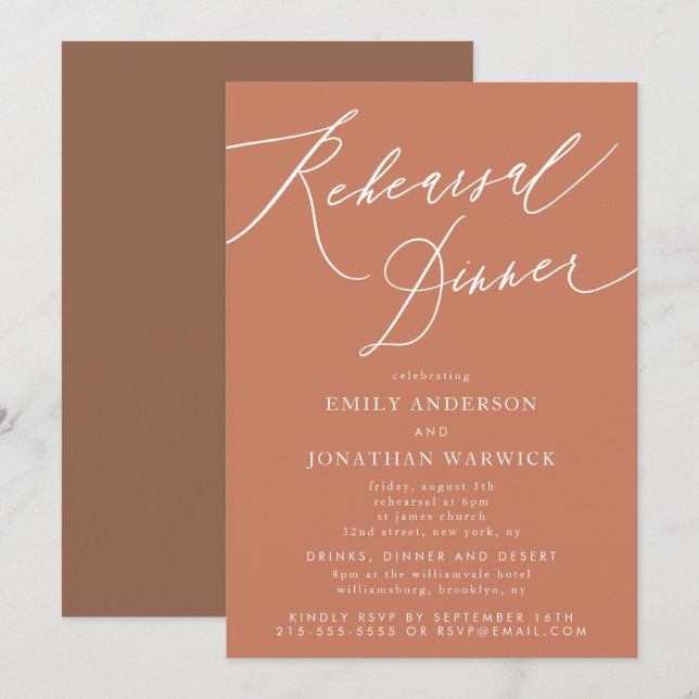 Terracotta Calligraphy Wedding Rehearsal Dinner Invitation (Front/Back)