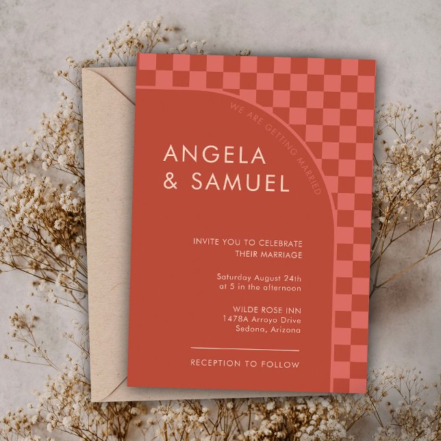Terracotta Chequered Modern Wedding Invitation (Creator Uploaded)