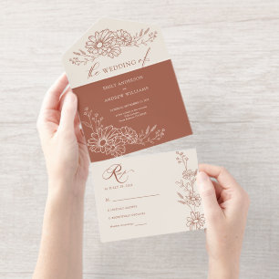 Terracotta Chic Botanical Daisy Garden Wedding All In One Invitation
