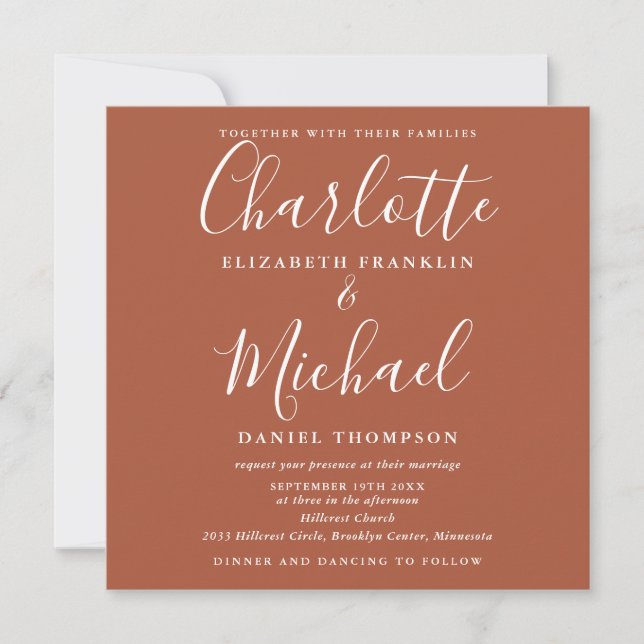 Terracotta Chic Script All In One Wedding Square Invitation (Front)