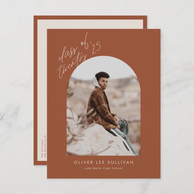 Terracotta Class of 2025 Arch Photo Graduation Invitation Postcard (Front/Back)