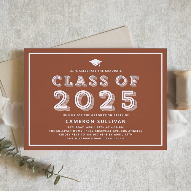 Terracotta Class of 2025 Cap Retro Graduation Invitation (Boho Terracotta Class of 2025 Retro Graduation Invitation)