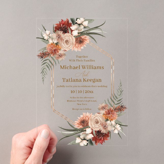 Terracotta & Clay Fall Floral Geometric Wedding Acrylic Invitations (Insitu (Handheld))