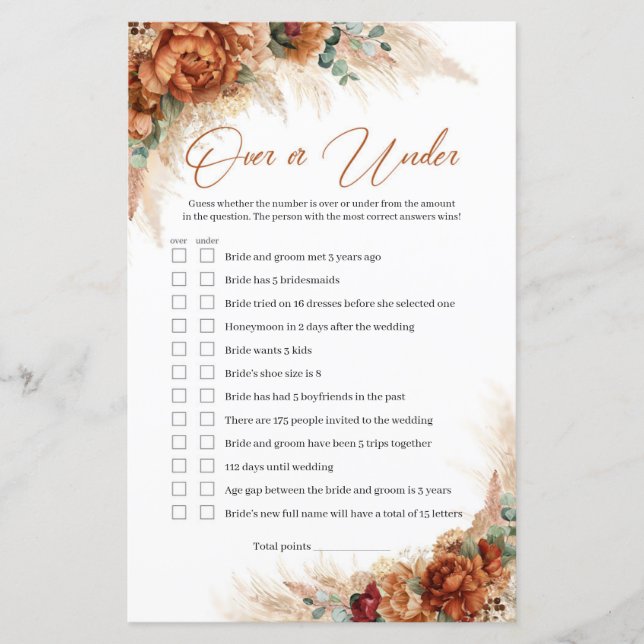 Terracotta copper floral pampas Over or Under Game (Front)