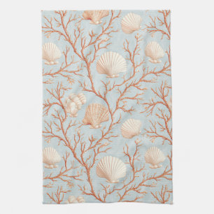 Terracotta Coral Seashell Powder Blue Ocean Kitchen Towel