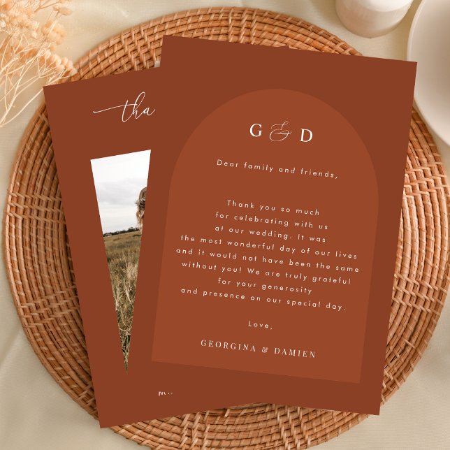 Terracotta Coriander Boho Photo Monogram Wedding Thank You Card (Creator Uploaded)