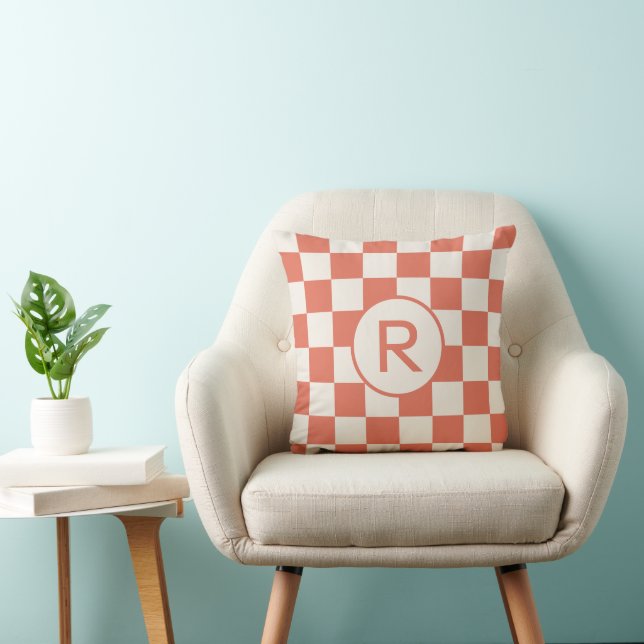 Terracotta Cream Chequered Pattern Custom Monogram Throw Pillow (Chair)