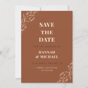 Terracotta Cream Drawn Floral Botanical Fall Leaf Save The Date