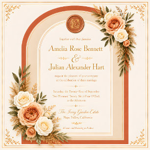 Terracotta Cream Floral Arch Monogram Wedding Invitation