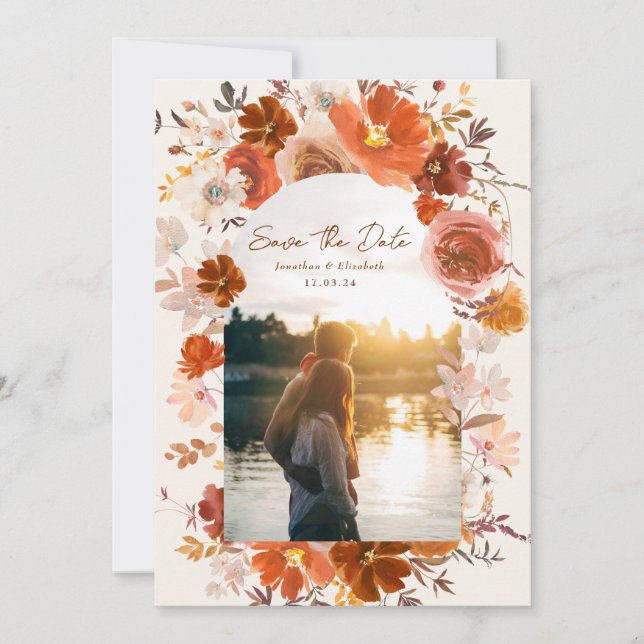 Terracotta Cream Floral Wedding Arch Photo Save The Date (Front)