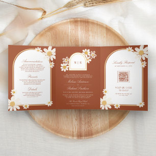 Terracotta Cream Yellow Daisy All in One Wedding Tri-Fold Invitation
