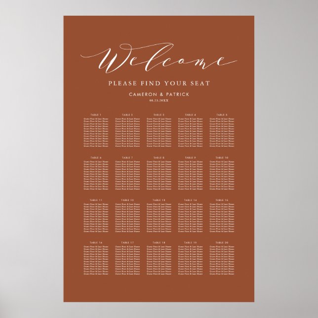 Terracotta Dainty Script Wedding Seating Chart (Front)