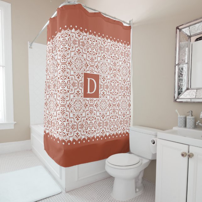 Terracotta damask scalloped borders monogram (In Situ)