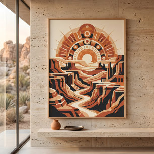 Terracotta Desert Canyon Retro Sunburst Landscape Poster