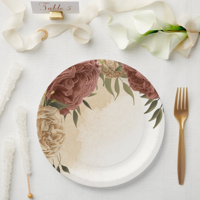 terracotta earth tone floral greenery paper plate (Wedding)
