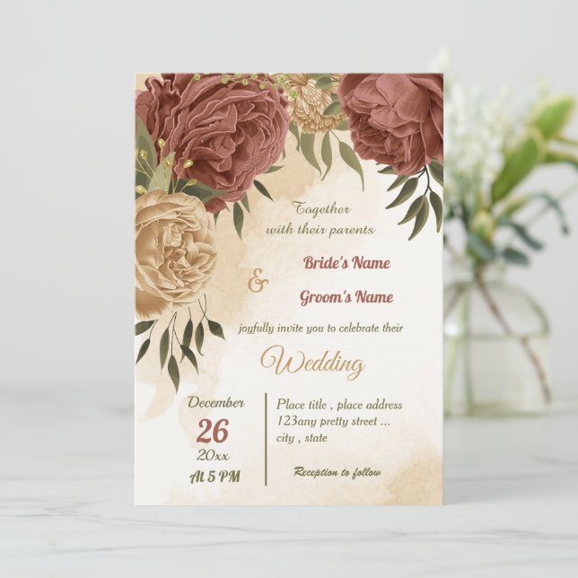 terracotta earth tone floral greenery wedding invitation (Standing Front)