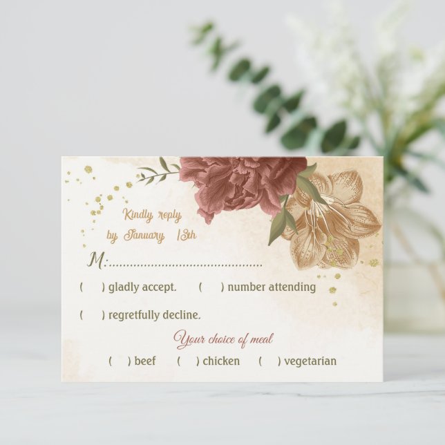 terracotta earth tone floral greenery wedding RSVP card (Standing Front)