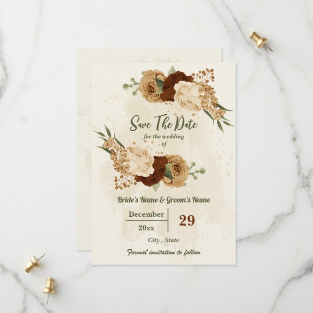 terracotta earth tone floral greenery wedding save the date (Front/Back In Situ)