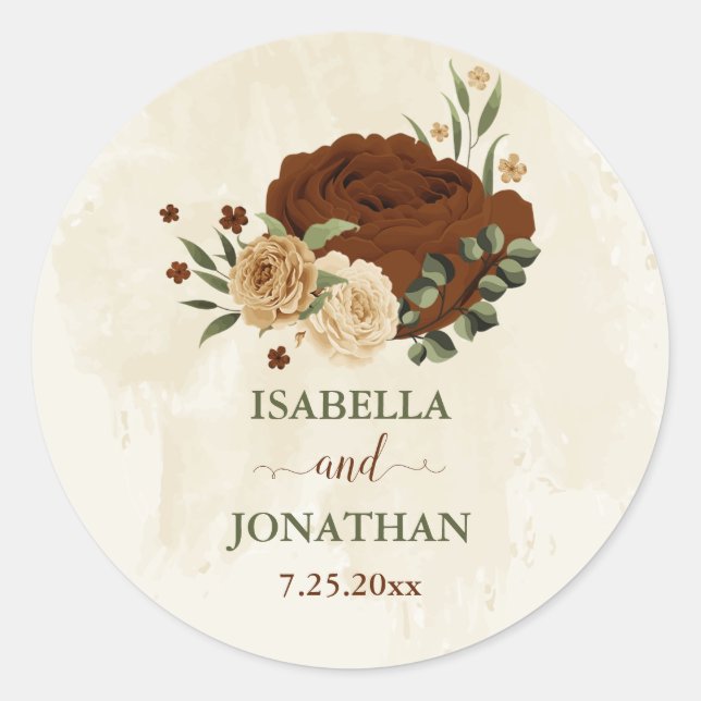terracotta earth tone floral wedding classic round sticker (Front)