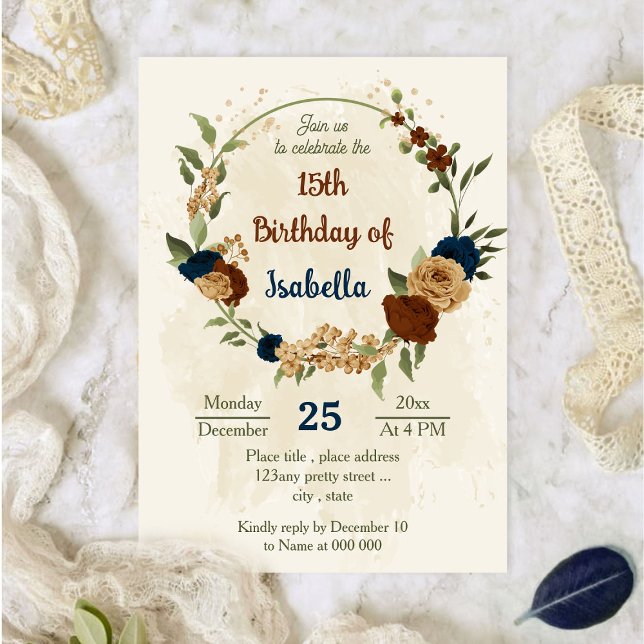 terracotta earth tone navy floral birthday invitation (Creator Uploaded)