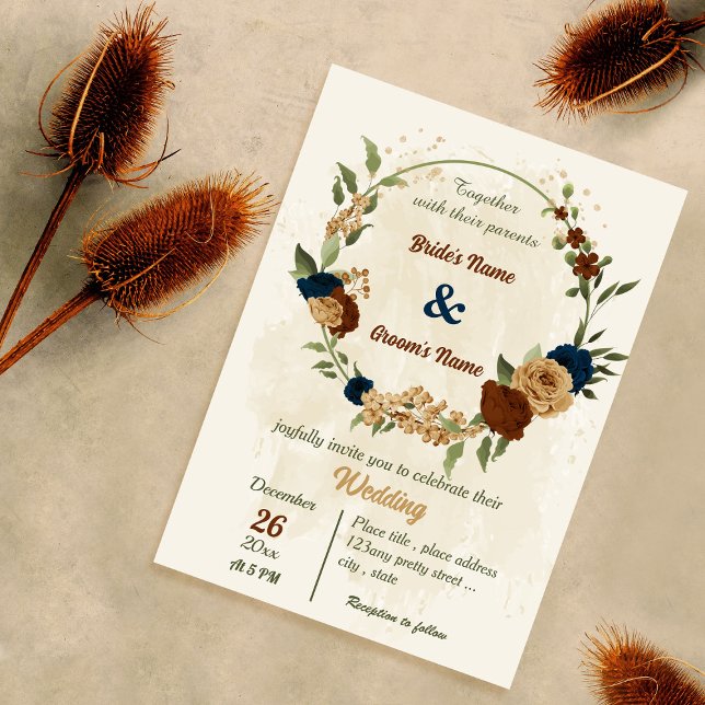 terracotta earth tone navy floral greenery wedding invitation (Creator Uploaded)